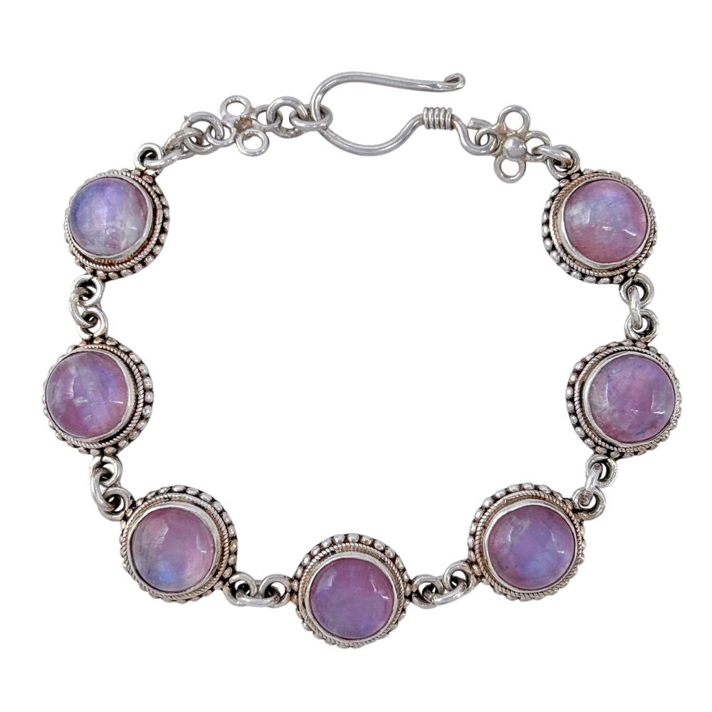 Vintage Sterling Silver 925 Pink Rainbow Moonstone Link Bracelet 7.5"